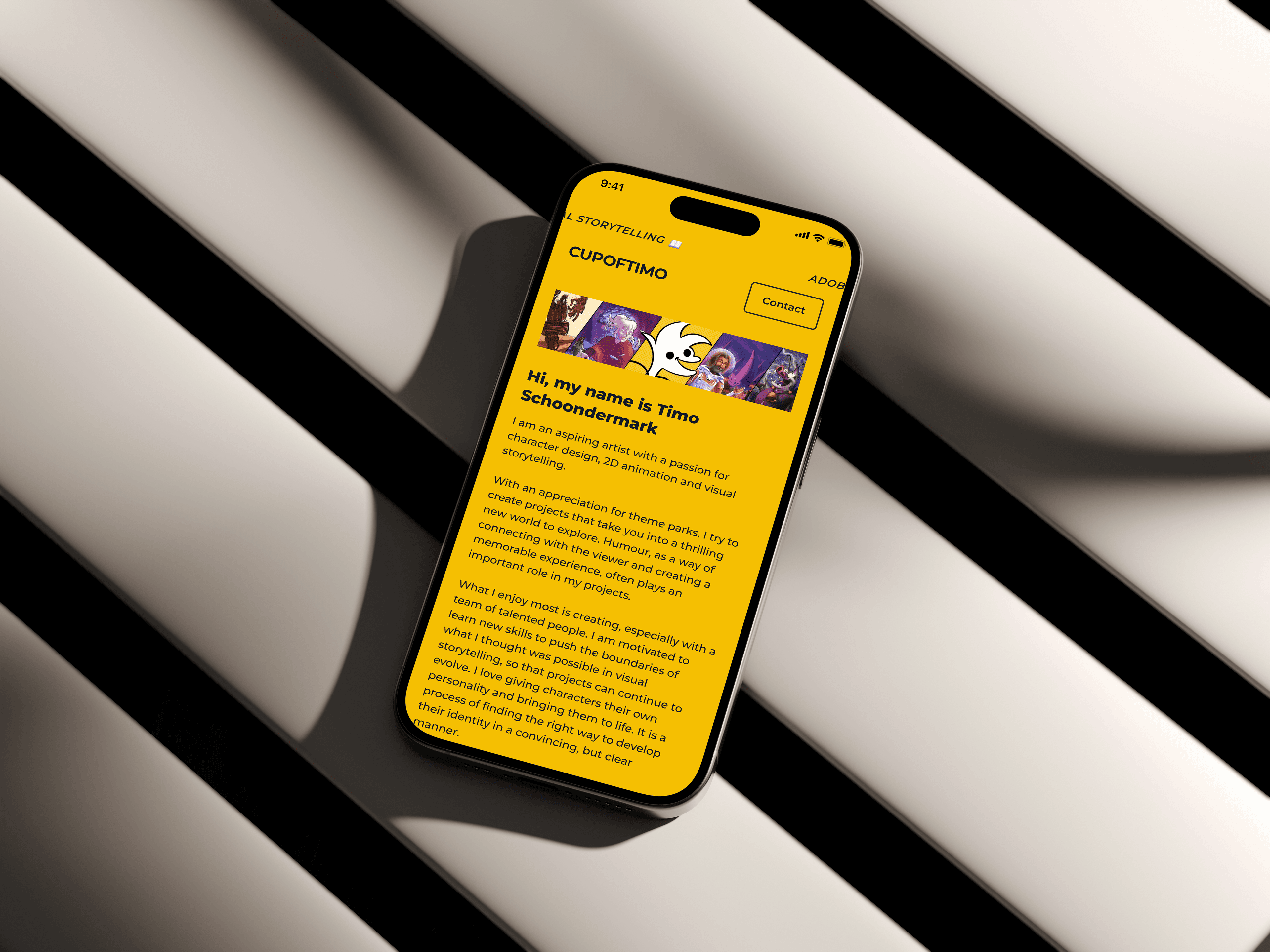 A phone displaying the Cupoftimo portfolio website