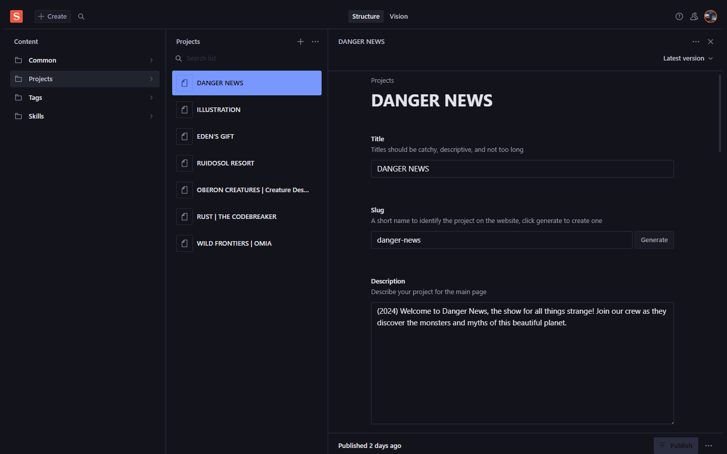 The Sanity CMS used to manage the Cupoftimo portfolio website