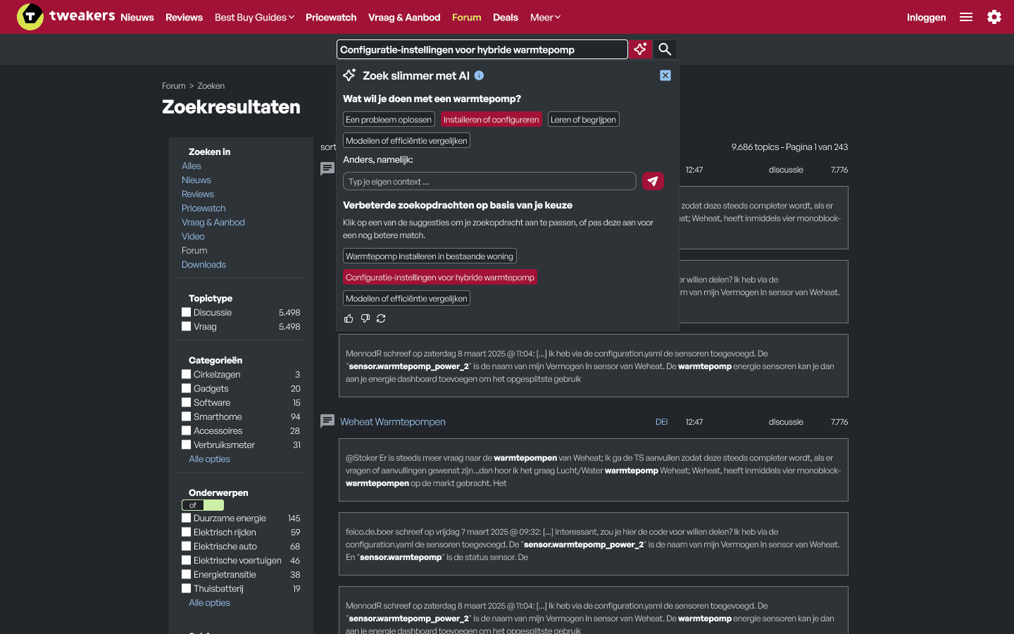 A mockup of the Tweakers website with the final select design of the search assistant in selected state