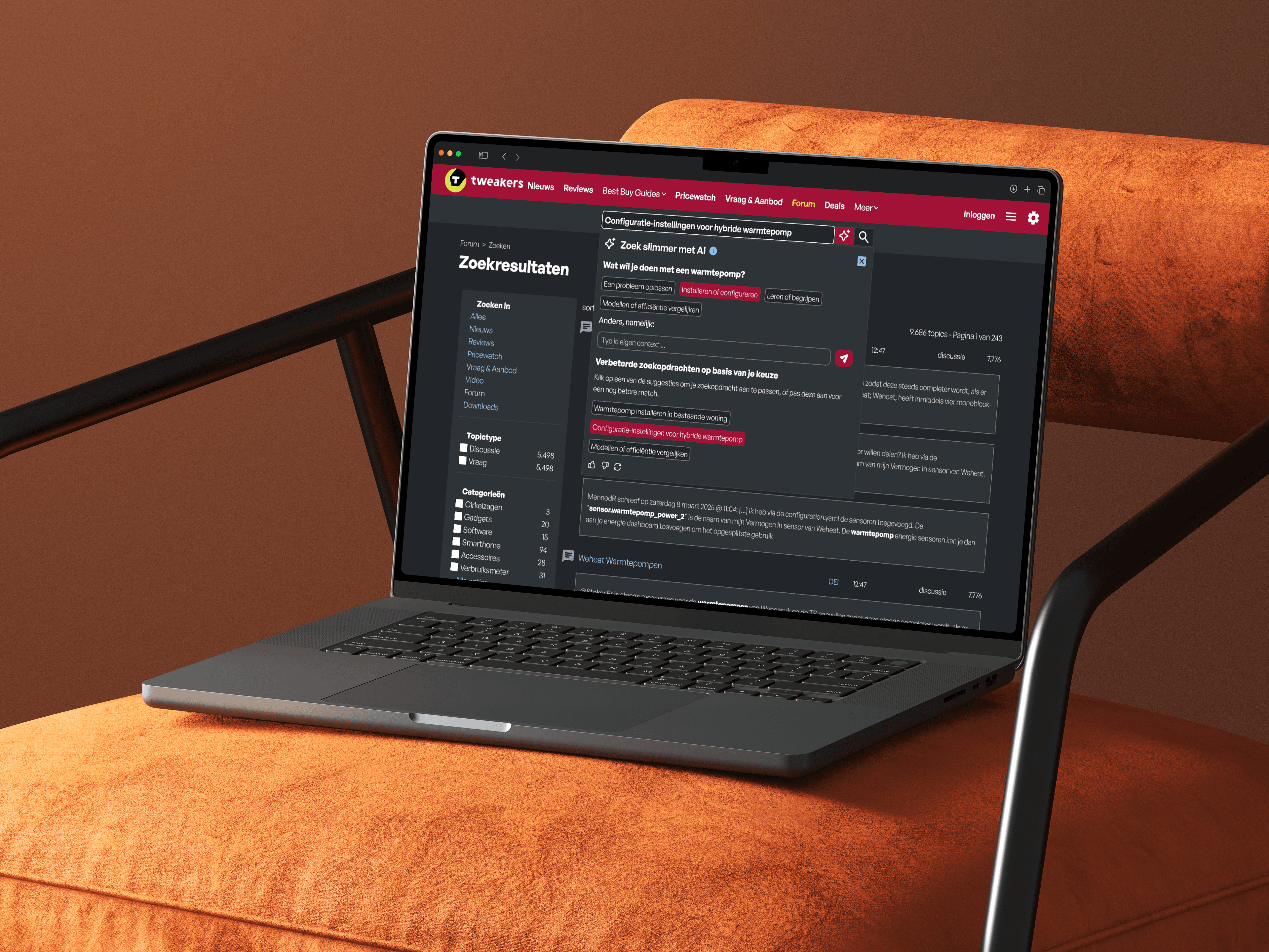 A mockup of the Tweakers website with an AI search assistant
